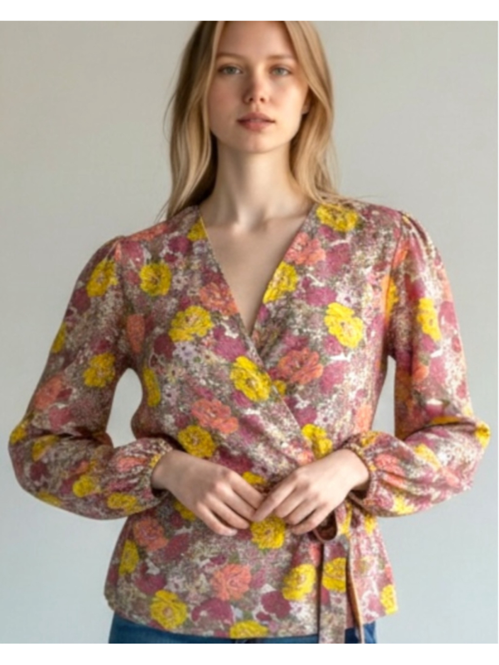 Pleione Floral Faux Wrap Blouse, L-XL, Romantic Boho Prairie Top